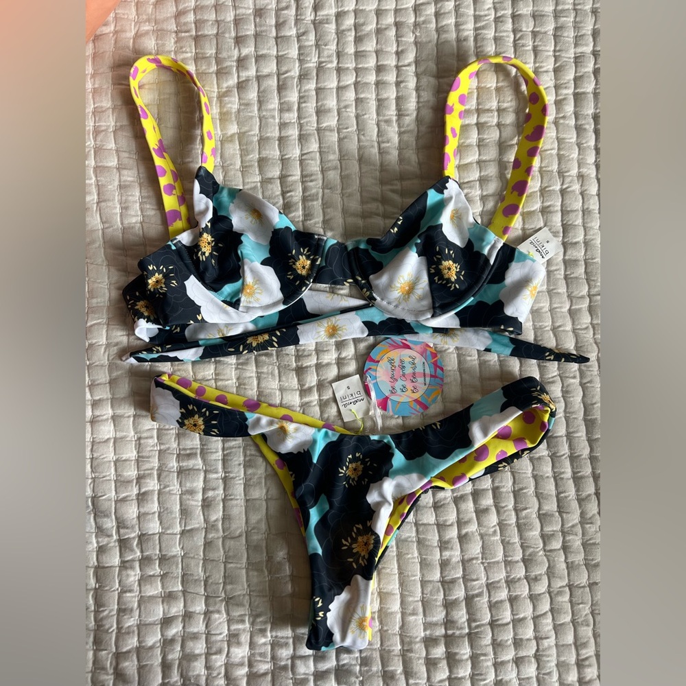 NWT Moana Bikini in Black Floral and Yellow/Pink Polka Dot